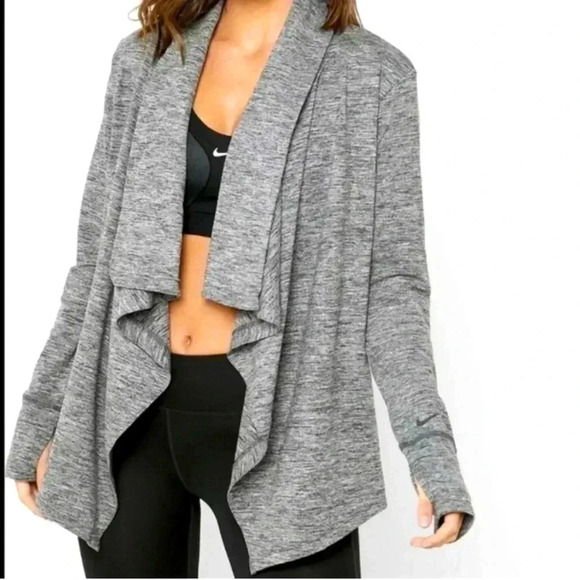 Nike Dri-Fit Cardigan Open Front Waterfall Yoga Wrap Long Sleeve Sweater Gray - Picture 1 of 8